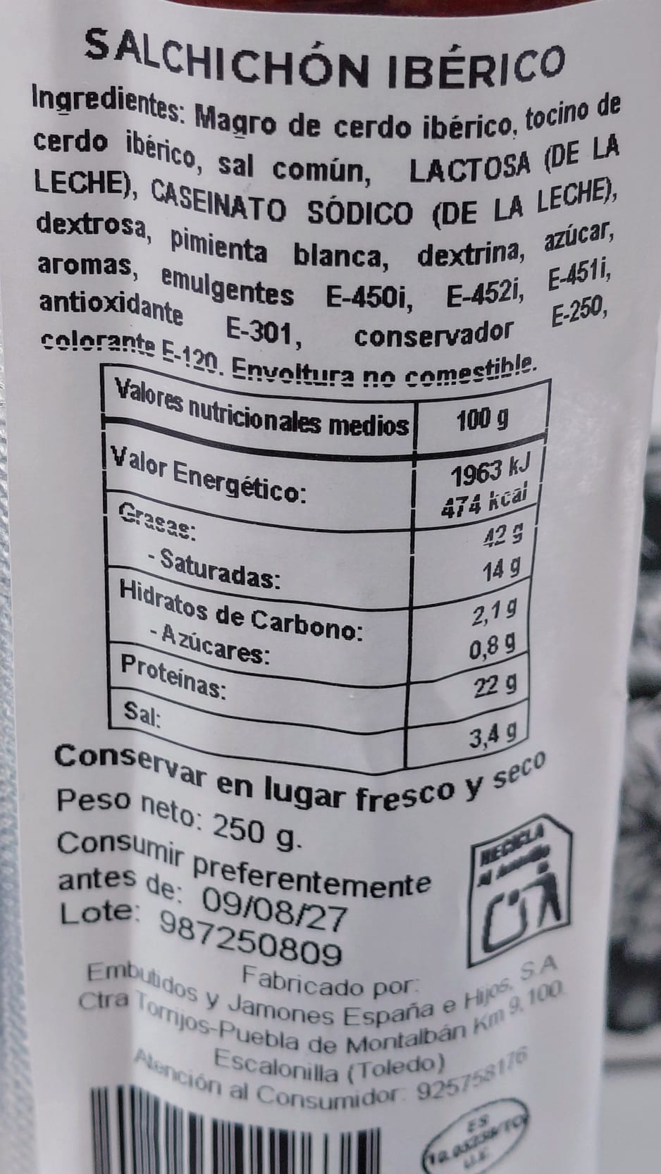 Salchichón Ibérico 250 g aprox. SECRETO TERRA Estuchado