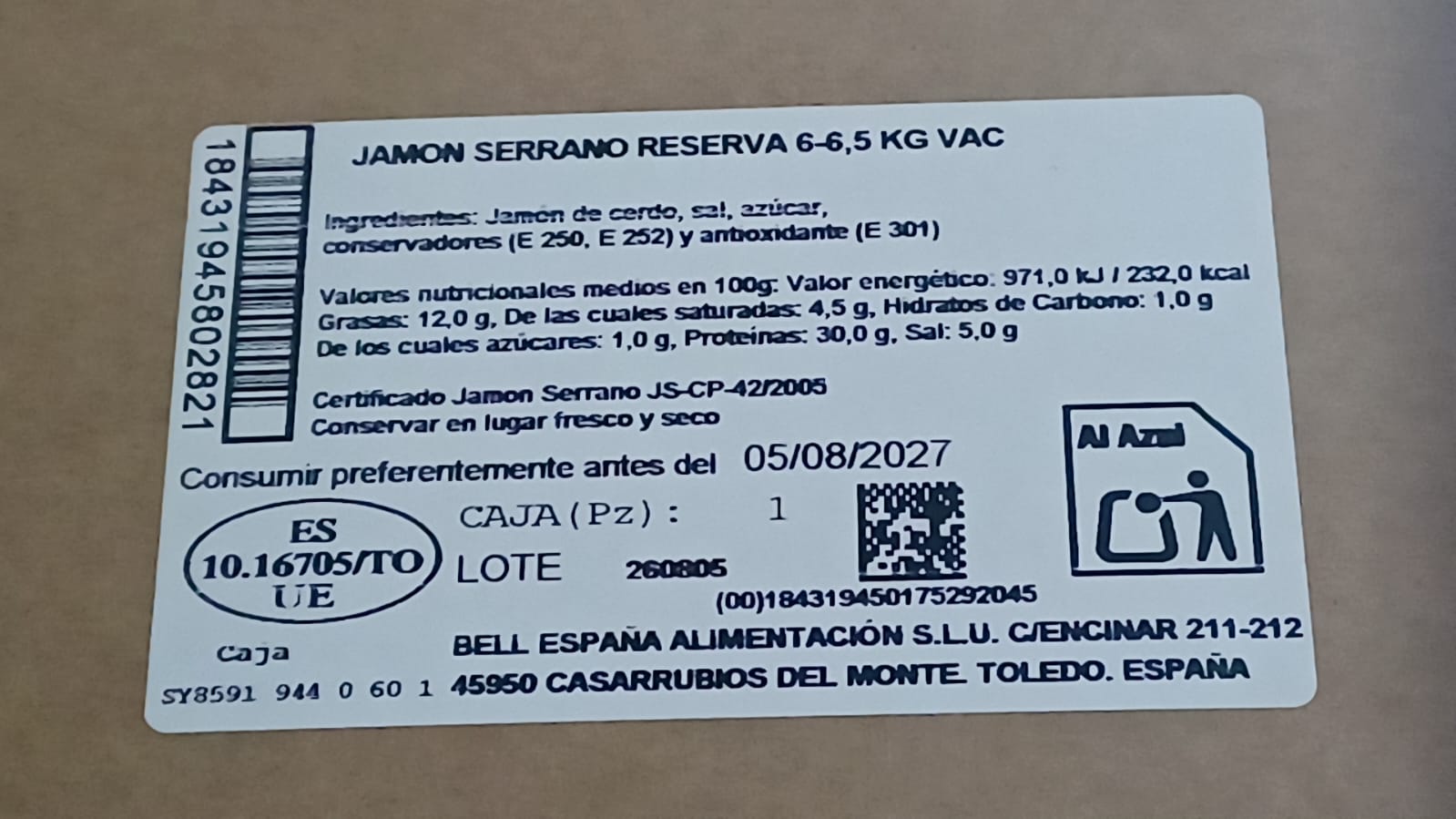 Jamón 6.5 kg aprox. Reserva (+12 meses) SÁNCHEZ ALCARAZ