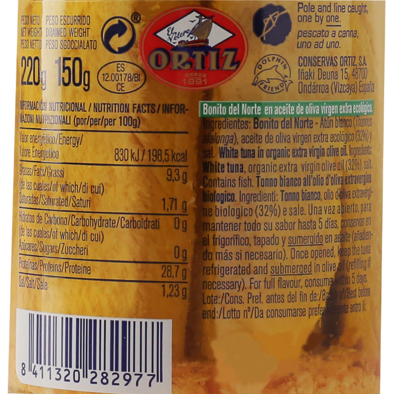 Tarro Lomos Bonito del Norte Ecológico 220 g Neto RO-260 ORTIZ 