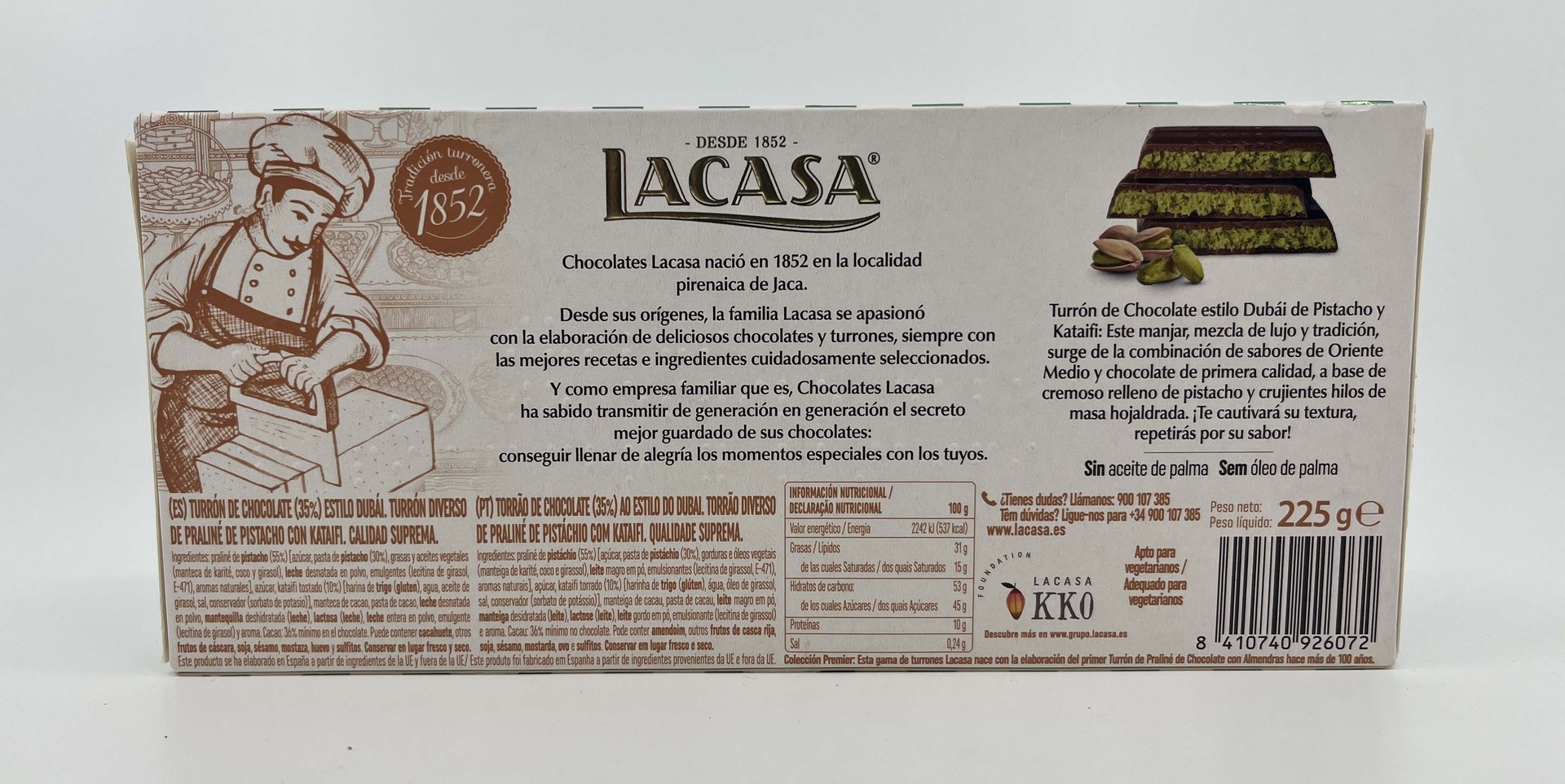 Turrón de Chocolate estilo DUBAI de Pistacho y Kataifi 225 g LACASA