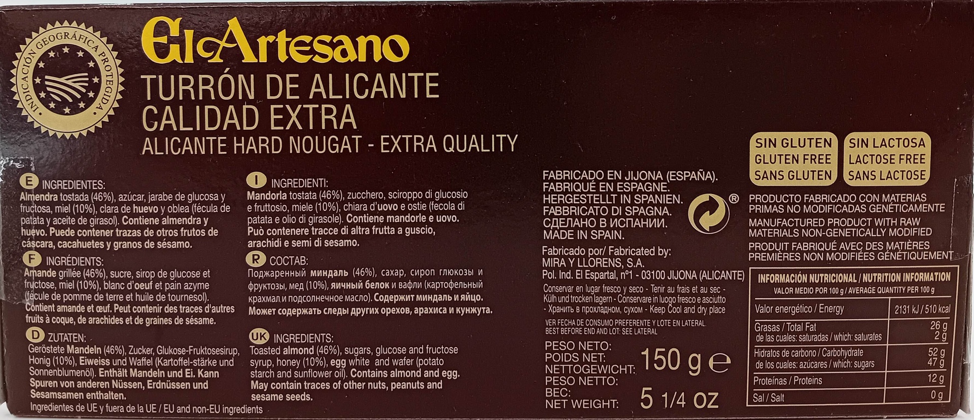 Turrón Alicante D.O. Jijona 150 g EL ARTESANO