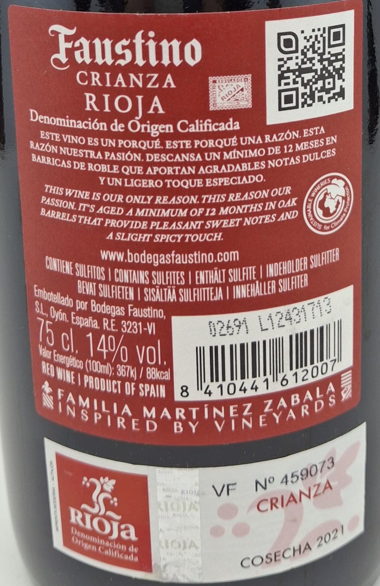 Vino Tinto D.O. Rioja FAUSTINO Crianza