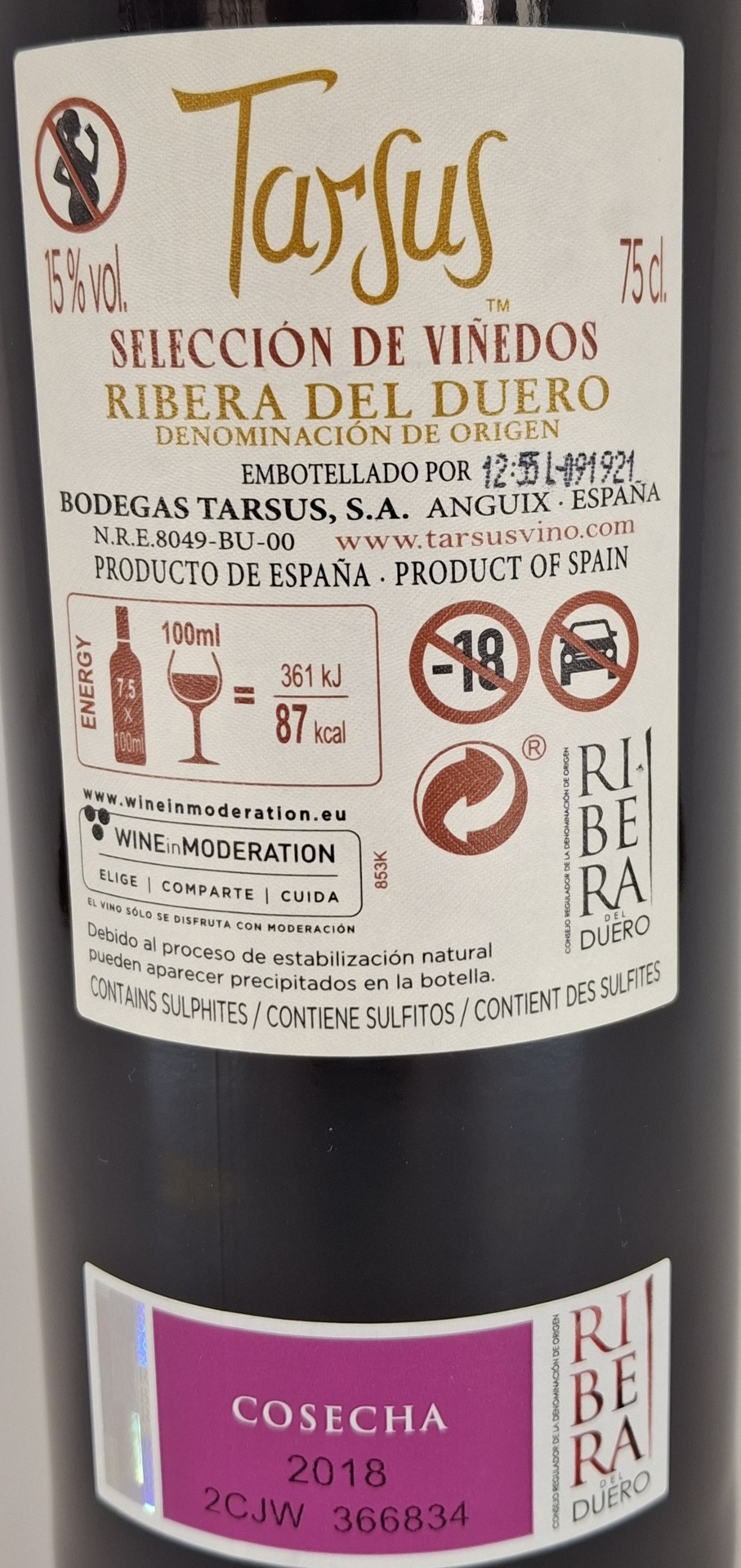 Vino Tinto D.O. Ribera del Duero TARSUS Selección de Viñedos Botella Numerada