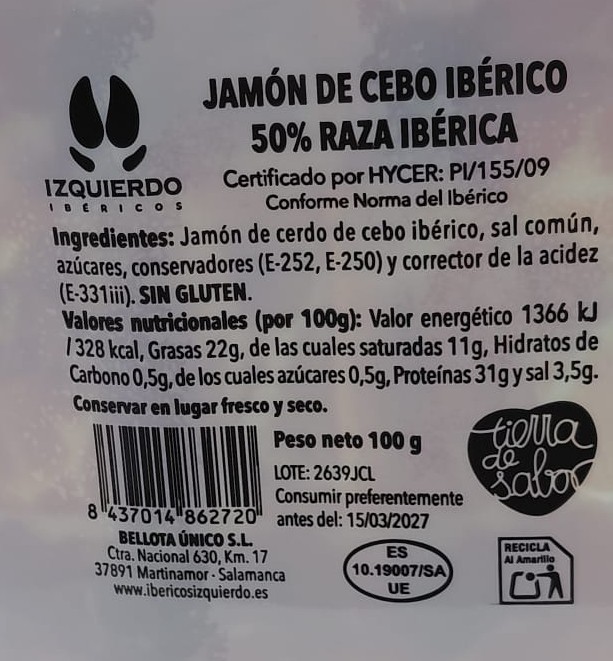 Jamón Loncheado 50% Ibérico de Cebo 100 g IBÉRICOS IZQUIERDO (Salamanca)