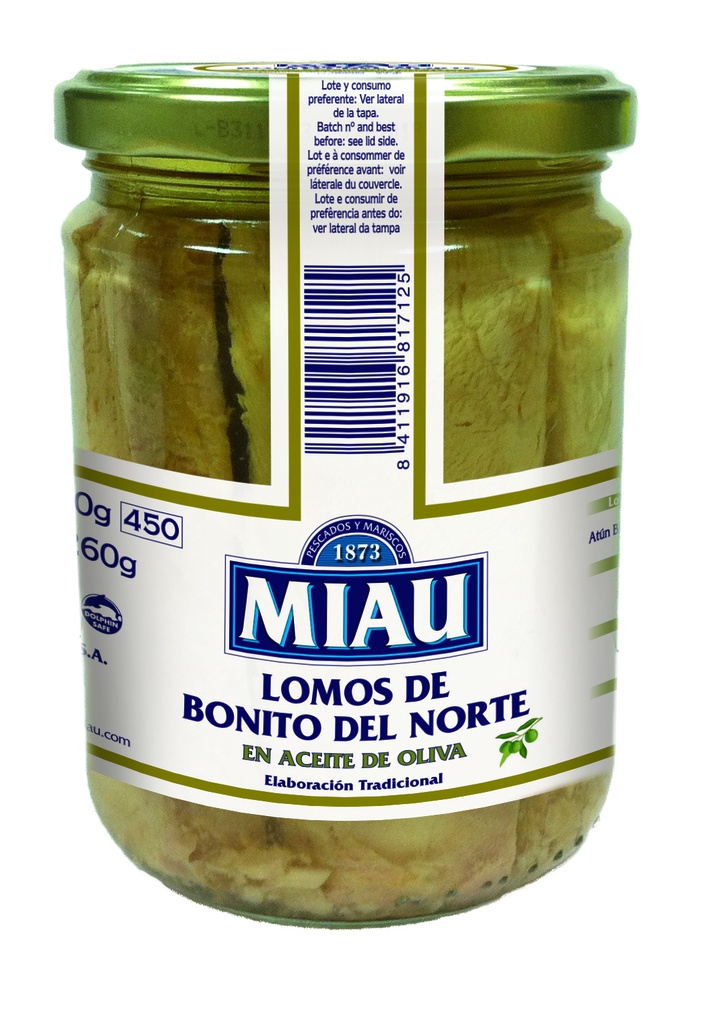 Tarro Lomos de Bonito del Norte en Aceite de Oliva 400 g Neto MIAU